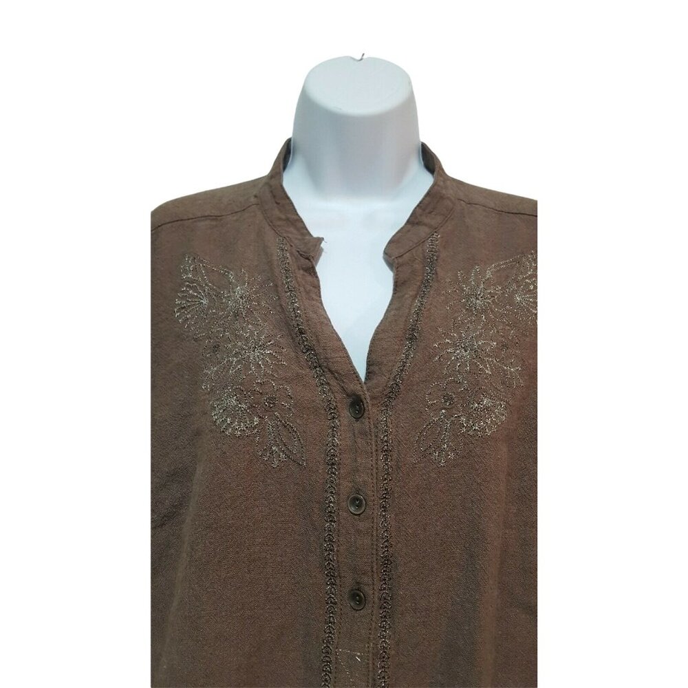 IB Diffusion 1X Linen Blend Top Metallic Embroidery Cuffed 3/4 Sleeve Blouse